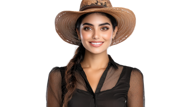 Gorgeous young female model wearing fashionable sun hat and casual clothing relaxing and smiling outdoors in a tranquil summer field or meadow surrounded by natural scenery and sunlight