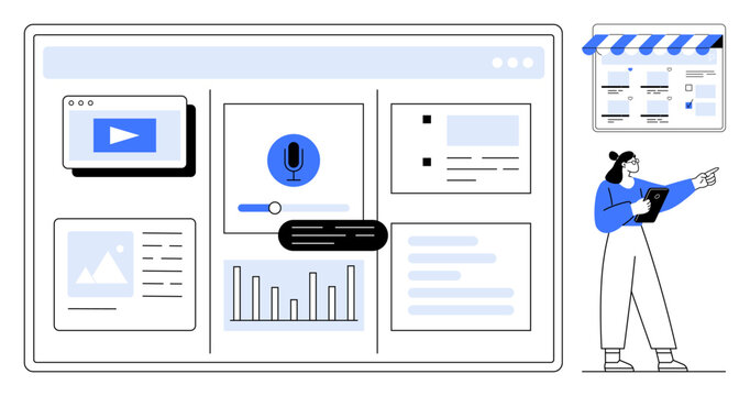 Digital content manager organizing multimedia on web dashboard with analytics, video, and microphone icon. Ideal for content management, data analysis, online marketing, media production, workflow