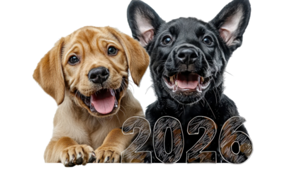 Two adorable puppies one golden retriever and one black mutt are happily welcoming the new year 2026 with cheerful smiles and excitement  The puppies are set against a plain white background