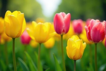 Fototapeta premium A field of yellow and pink tulip stems with buds bursting through the ground under sunny skies, foliage, greenery, tulips