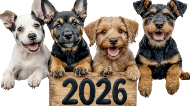 Group of four adorable puppies of different breeds posing together on a wooden board with the number 2026 written on it  The puppies have happy friendly expressions and are sitting side by side