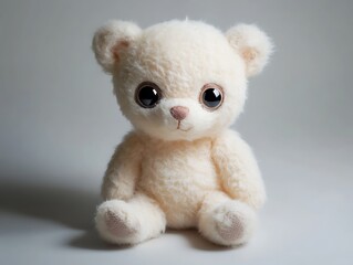 Soft cream teddy bear with large eyes isolated on a light gray background high-definition clarity