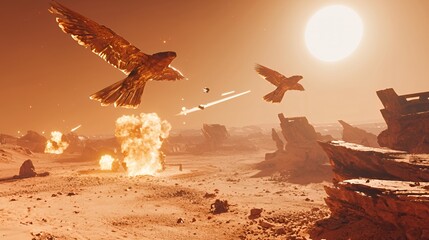 Orange Desert Sunset with Explosions and Flying Birds