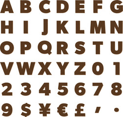 版画風のアルファベット大文字と数字と通貨記号