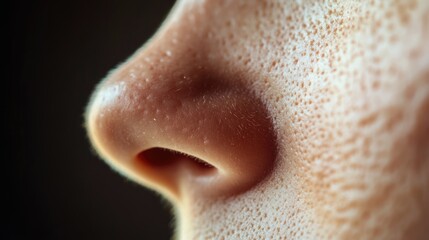 Fototapeta premium Human nose closeup. Skin problems, wide large pores. Person inhales close up, nasal congestion, drops, snot.