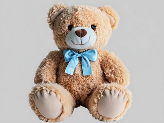 Obraz premium Soft teddy bear with a blue bow isolated against a light gray background