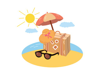 Summer beach vacation with suitcase, hat, sunglasses and umbrella