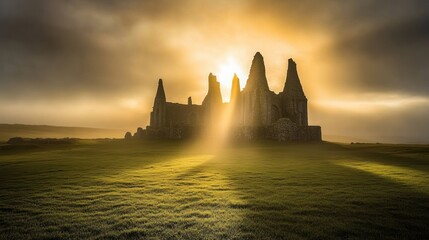 Obraz premium Stone ruins bathed in the sunlight stand on a grassy field