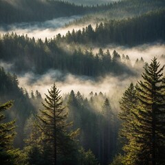 Misty Forest Morning – A peaceful forest scene with tall pine trees, soft mist rolling through, and sun rays breaking through the foliage.