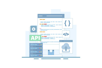 Application Programming Interface Concept, API provides an interface for communication between applications, software development tools, the Internet, and networks. flat vector illustration.