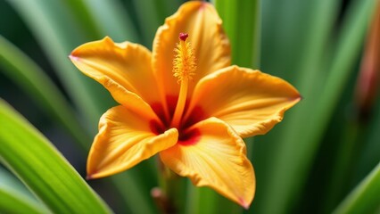 Obraz premium A vibrant orange flower with red accents and a prominent stamen, surrounded by green leaves.