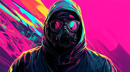 Neon Cyberpunk Gas Mask Figure in Vibrant Abstract Background