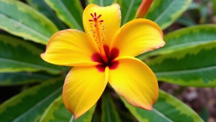 A vibrant yellow flower with red accents at the center, surrounded by green leaves.
