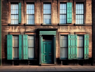 An old brick building with windows and teal shutters