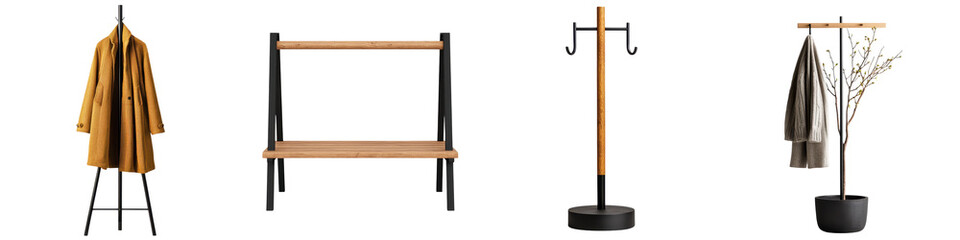 Collection of minimalist and modern wooden and metal shelving units coat racks and accessory stands for organizing displaying and storing items in a stylish home or office interior
