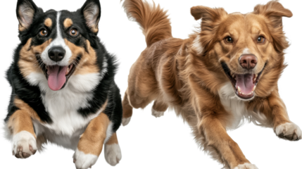 Two lively and friendly dogs a golden retriever mix and a German shepherd mix running and playing together in a grassy field on a bright summer day  The dogs are displaying happy