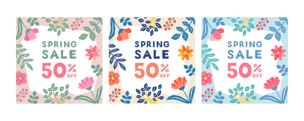 ラフなタッチの植物のイラストのバナーテンプレートセット_1