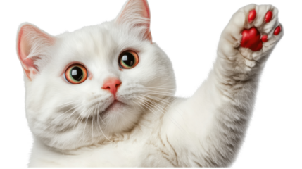 Adorable white kitten reaching out with paw in curious playful pose on plain white background  Closeup portrait of fluffy furry feline pet with soft innocent expression and big eyes looking at