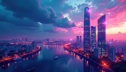 Fototapeta premium Business card template with a futuristic cityscape and sleek skyscrapers, corporate design, , cityscapes