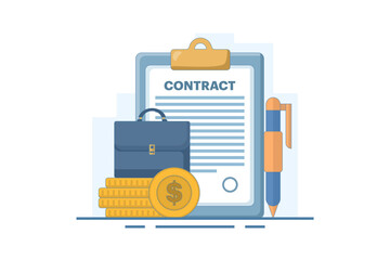 Contract Agreement Concept. Business agreement or contract on paper. Affiliate signs successful agreement with pen. Approved company financial contract. Flat vector illustration on background.