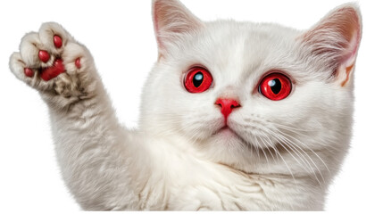 Closeup Portrait of a Cute and Fluffy White Domestic Cat with Bright Red Eyes Posing Curiously in a Professional Studio Setting  The Feline s Paws Nose Whiskers