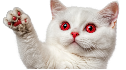Closeup Portrait of a Cute and Fluffy White Domestic Cat with Bright Red Eyes Posing Curiously in a Professional Studio Setting  The Feline s Paws Nose Whiskers