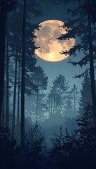 Full moon shines brightly over a misty forest landscape