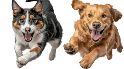 Fototapeta premium Energetic and enthusiastic golden retriever puppy and curious tabby kitten playing and running in a grassy field captured in close up portraits against a white background