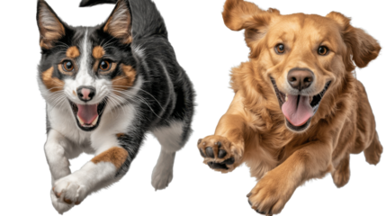 Energetic and enthusiastic golden retriever puppy and curious tabby kitten playing and running in a grassy field captured in close up portraits against a white background