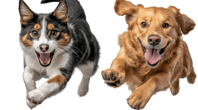 Energetic and enthusiastic golden retriever puppy and curious tabby kitten playing and running in a grassy field captured in close up portraits against a white background