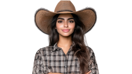 Cheerful and friendly young woman wearing a wide brimmed cowgirl hat standing in a lush green field with a bright blue sky and fluffy white clouds in the background expressing a sense of freedom