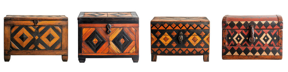 Collection of vintage wooden chests trunks and boxes with intricate tribal and geometric patterns displayed as decorative home accents and furnishings  Rustic ethnic