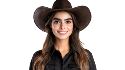 Confident and Joyful Young Woman in Cowgirl Hat Posing with Positive Attitude on a White Background  The Image Conveys a Sense of Cheerfulness Optimism and Vitality