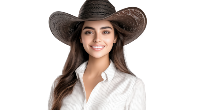 Cheerful and confident young woman in wide brimmed hat smiling and enjoying a serene outdoor setting on a sunny summer day exuding a sense of happiness relaxation and positive energy