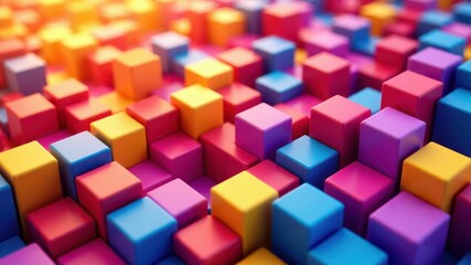 Obraz premium A vibrant cubefield 3D image with colorful cubes in various shades of pink, yellow, blue, and purple, creating a visually appealing pattern.