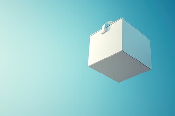 Floating white cube box against light blue sky