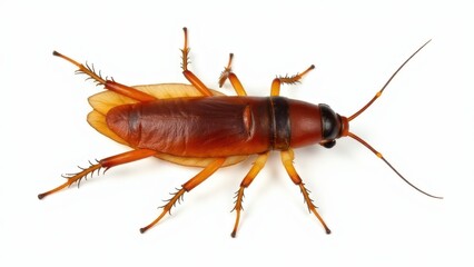 A dead cockroach with a reddish-brown body and six legs is shown on a white background.