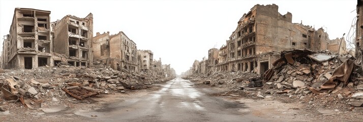 War-torn city street, rubble-filled, destruction, empty buildings