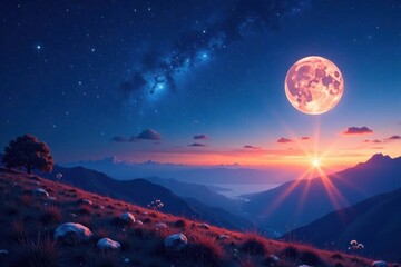 Celestial landscape with twinkling stars and a full moon , space, night sky, celestial