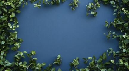 Naklejka premium Fresh greenery frame on deep blue background