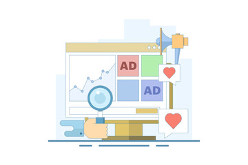 Website advertising campaign analysis concept, Website advertising network, Banner advertising on display networks, Social media promotion, Digital display advertising campaign, vector illustration.