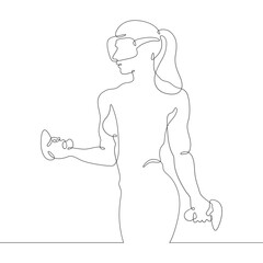 Continuous one line drawing woman in virtual reality. Girl in VR headset. High technology.
One continuous line isolated minimal illustration.Not AI.