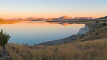 Obraz premium Tranquil lake reflects mountains under a warm evening sky