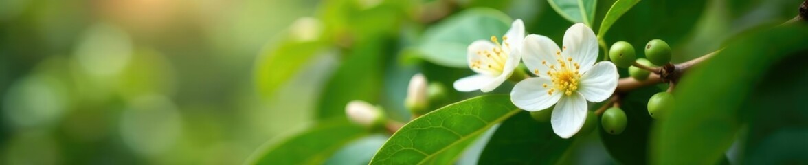 Obraz premium Delicate white blooms unfolding on coffee tree branches, blooming, white coffee flowers, coffee plantation