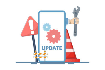 System Maintenance Concept, Smartphone Software Update Screen, Update Process, Software Installation, Operating System, Operating System Support. Flat Vector Illustration on Background.