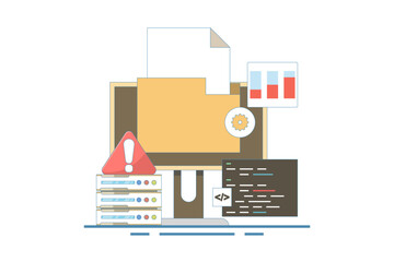 Server Error Fixing Concept, Website code, Bug fix, Server problem fix, Coding and programming, Website security, Server security, Software update. Flat vector illustration on background.