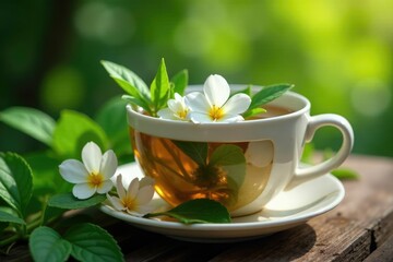 Delicate white flowers and leaves in a cup of herbal tea, calm, foliage