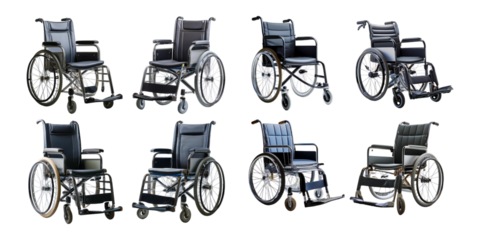 Various Designs of Wheelchairs for Accessibility Needs, PNG collection, set bundle, isolate on transparent or white background
