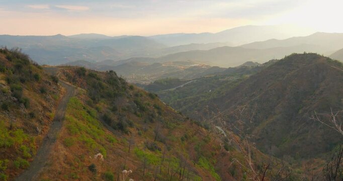 Aerial View of Troodos Mountains On Foggy Sunrise In Autumn In Cyprus.