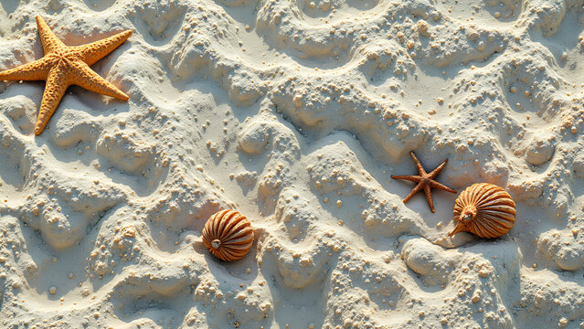 White seashells and starfish scatter across the sun-warmed sand of a tropical beach